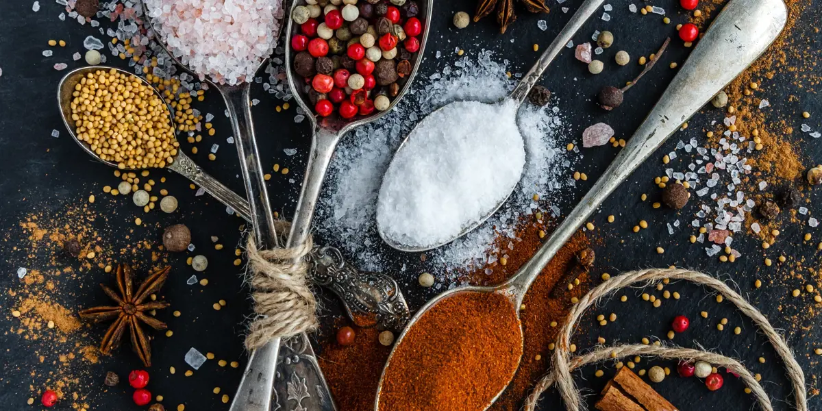 Background image showing cutlery and spices on a black table